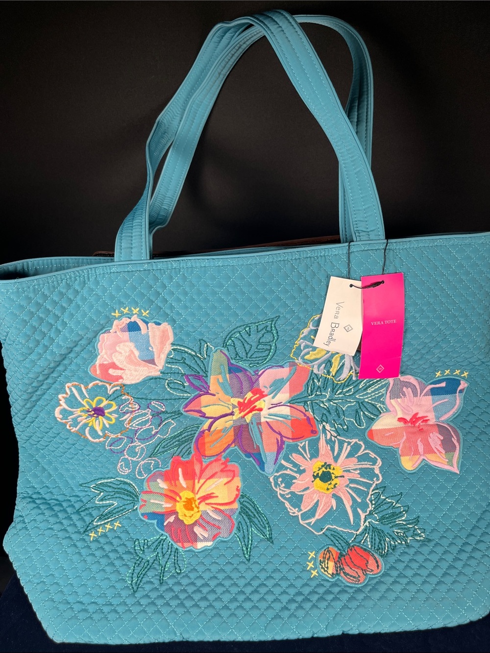 Vera Bradley Turquoise Quilted Floral Embroidered Tote NEW WITH TAGS